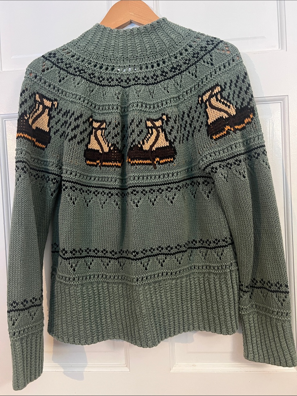 L.L. Bean Knit Cardigan Sage Green with Duck Boots Fair Isle Motif - Picture 3 of 6